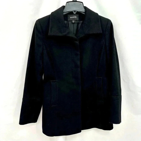 Express Women’s Wool Coat Size 3/4 Black Hidden Button Up Front Open Pockets - Picture 1 of 11